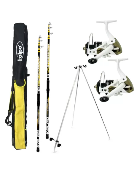 Kit de pêche Surfcasting avec 2 cannes 2 bobines de trépied et fourreau