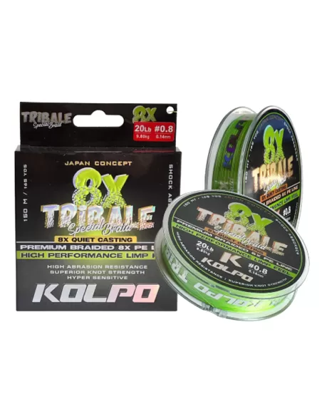 Kolpo Tribal Ligne Tressée 8 Lignes Lime 150mt Spécial Lumière
