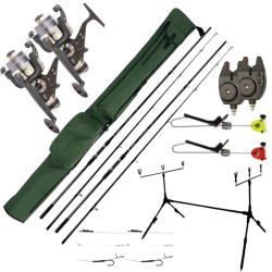 Carpfishing Kit: 2 Rods 2 Reels 2 Signalers 1 Pod 1 Sheath 2 Terminals 2 Swingers